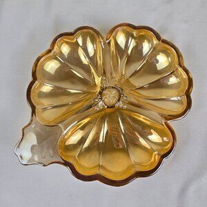 Vtg 1930's Carnival Glass 3 Leaf Clover Shaped Divided Dish Iridescent Marigold